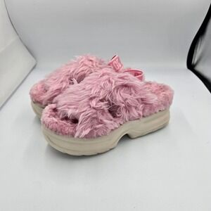 UGG Fluff Sugar‎ Platform Sandal Pink Faux Fur Comfort Slides Womens Size 8